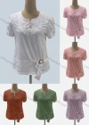 Wholesale Women's Casual Notched Neck Short Sleeve Appliques Buckle Decro Blouse - Liuhuamall