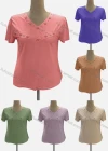 Wholesale Women's Casual V Neck Short Sleeve Beaded Blouse - Liuhuamall