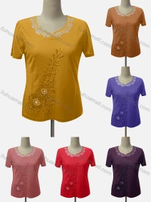 Wholesale Women's Casual Notched Neck Short Sleeve Rhinestone Blouse, LIUHUA CLOTHING WHOLESALE