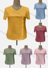 Wholesale Women's Casual V Neck Short Sleeve Ruffle Trim Beaded Blouse - Liuhuamall