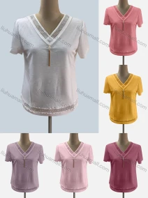 Wholesale Women's Casual Crew Neck Short Sleeve Decro Blouse, LIUHUA CLOTHING WHOLESALE