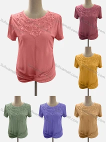 Wholesale Women's Casual Crew Neck Short Sleeve Lace Beaded Twist Blouse, LIUHUA CLOTHING WHOLESALE