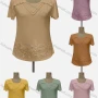 Wholesale Women's Casual Crew Neck Short Sleeve Appliques Ruffle Trim Beaded Blouse preview