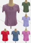 Wholesale Women's Casual Keyhole Neck Short Sleeve Lace Up Appliques Blouse - Liuhuamall