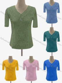 Wholesale Women's Casual V Neck Short Sleeve Lace Decro Blouse, LIUHUA CLOTHING WHOLESALE