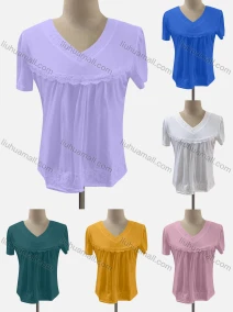 Wholesale Women's Casual V Neck Short Sleeve Lace Appliques Blouse, LIUHUA CLOTHING WHOLESALE