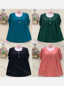 Wholesale Women's Casual Crew Neck Short Sleeve Button Decro Oversized Blouse, LIUHUA CLOTHING WHOLESALE