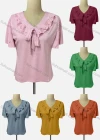 Wholesale Women's Casual V Neck Short Sleeve Lace Up Ruffle Trim Blouse - Liuhuamall