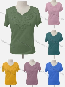 Wholesale Women's Casual Short Sleeve Appliques Blouse, LIUHUA CLOTHING WHOLESALE