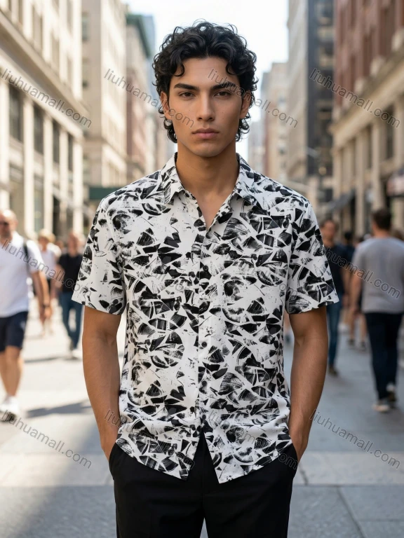 Wholesale In Stock Men's Slim Fit Short Sleeve Abstract Print Shirt - Teal/Black/Brown Pattern Casual Business Shirt