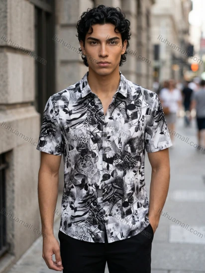 Wholesale 2026 Men's Slim Fit Short Sleeve Floral Print Shirt Black White Wholesale In Stock Casual Button Down