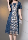 Wholesale Women's Elegant High Waist Square Neck Half Sleeve Allover Embroidery Knee Length Dress - Liuhuamall