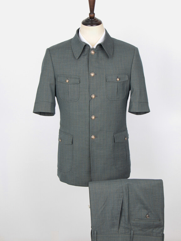 Men's Plain Button Down Multiple Pockets Short Sleeve Chines Tunic Suit & Pants 2-Piece Sets BV220303#, Clothing Wholesale Market -LIUHUA, MEN, Sets