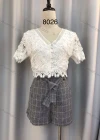 Wholesale Women's Lace Appliques Button Front Blouse & Grid Print Shorts Set - Liuhuamall