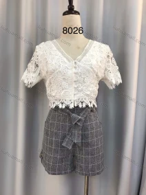 Wholesale Women's Lace Appliques Button Front Blouse & Grid Print Shorts Set, LIUHUA CLOTHING WHOLESALE