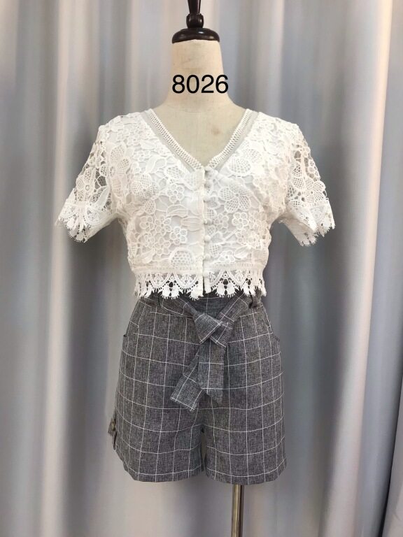 Women's Lace Appliques Button Front Blouse & Grid Print Shorts Set, Clothing Wholesale Market -LIUHUA, All Categories