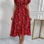 Wholesale Women's Floral Print Wrap Deep V Neck Empire Waist Flounce Sleeve Midii Dress LQ-F2031X# preview