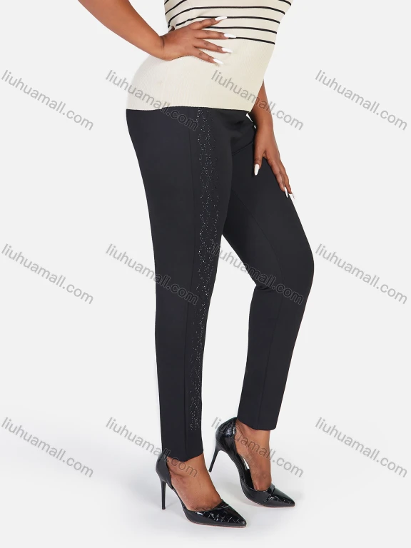 Wholesale Women's Plus Size Elastic Waist Rhinestone Plain Casual Straight Leg Pants