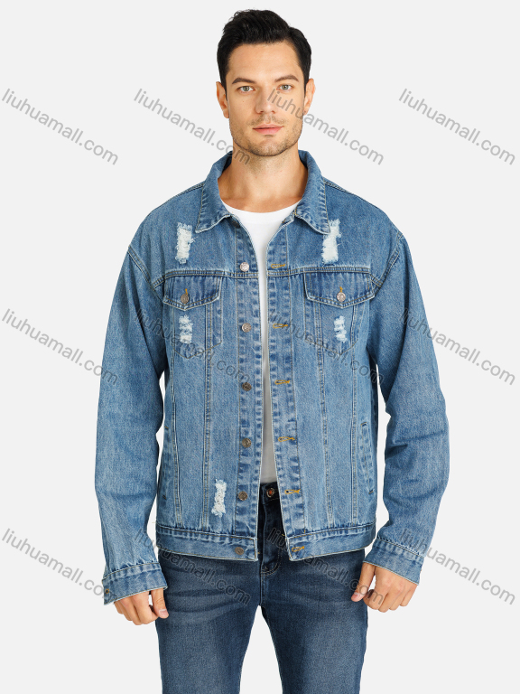 Wholesale Men's Casual Plain Button Down Ripped Frayed Raw Flap Pockets Denim Jacket