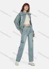 Wholesale Women's Casual Distressed Stand Collar Long Sleeve Buttons Down Jacket & Ankle Length Jean With Belt 2 Piece Denim Set - Liuhuamall