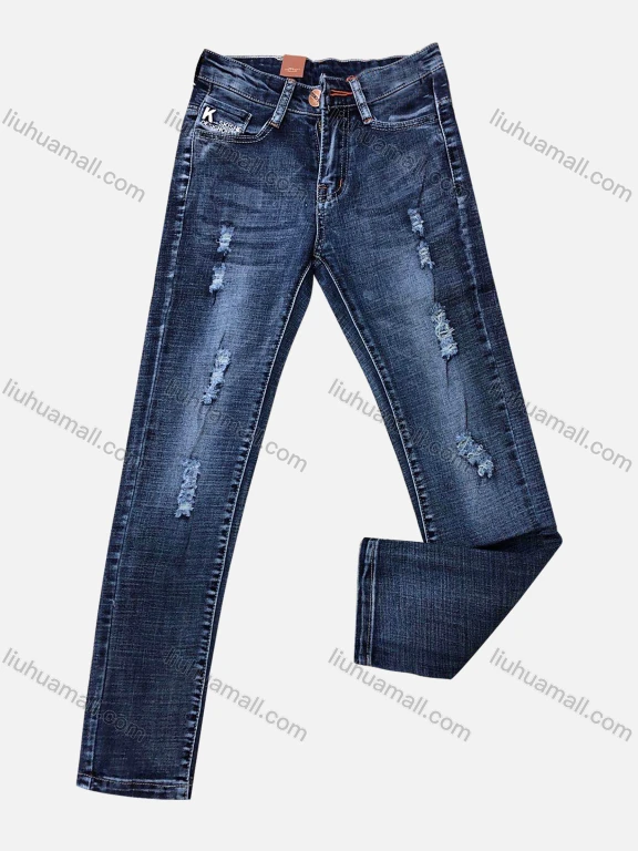 Wholesale Boys Casual Button Zipper Pockets Labelled Embroidered Letter Frayed Plain Jean 2881#