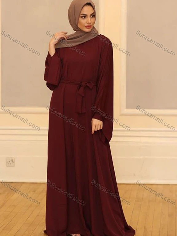 Wholesale Women's Islamic Muslim Bell Sleeve Belted Abaya Robe Dress