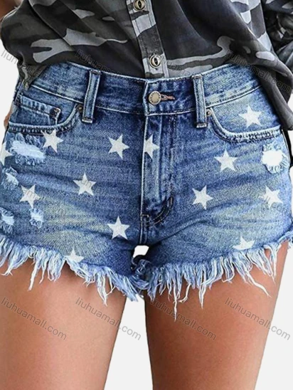 Wholesale Women's Stars Print Frayed Raw Hem Denim Shorts