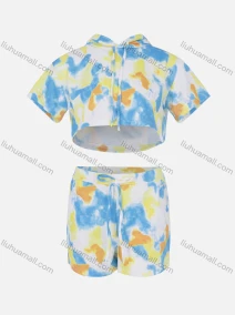 Wholesale Women's Tie Dye Casual Short Sleeve Hooded Crop Top & Drawstring Pocket Shorts Sets, LIUHUA CLOTHING WHOLESALE
