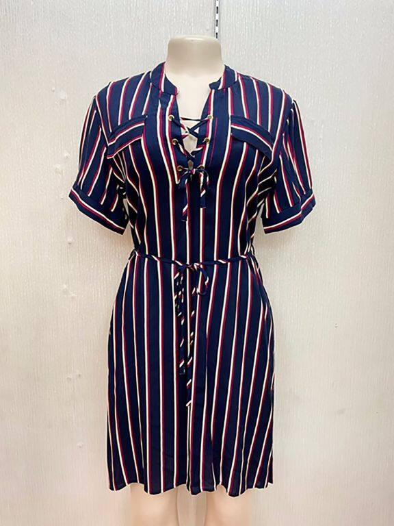 Women's Casual Notched-neck Short Sleeve Lace Up Striped Short Dress With Belt, LIUHUA Clothing Online Wholesale Market, Women, Dress
