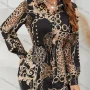 Wholesale Women's Stand Collar Long Sleeve Buttons Leopard Chain Print Lace Up Curved Hem Tunic preview