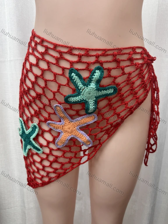 Wholesale Women's Vacation Hollow Out Sarongs Drawstring 3D Starfish Coverup Skirt L053#
