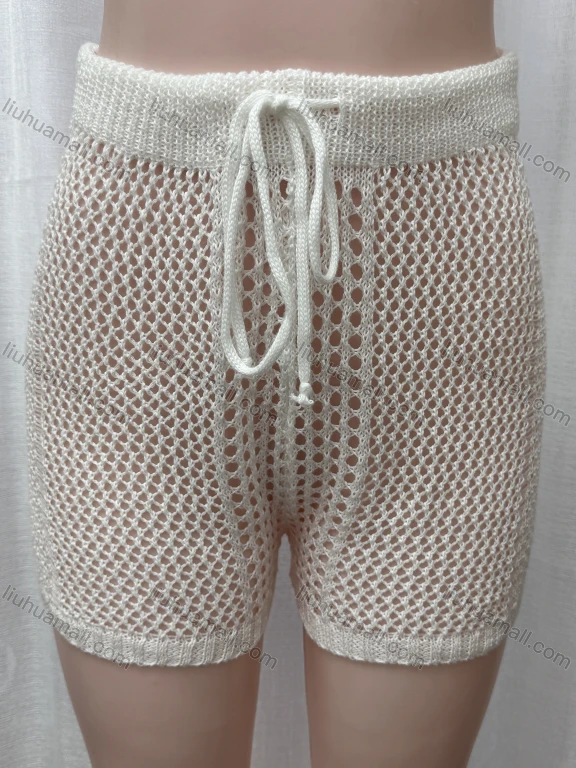 Wholesale Women's Vacation Hollow Out Semi-Sheer Drawstring Plain Shorts 80317#