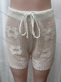Wholesale Women's Vacation Hollow Out Semi-Sheer Drawstring Plain Floral Design Shorts 80318#, LIUHUA CLOTHING WHOLESALE