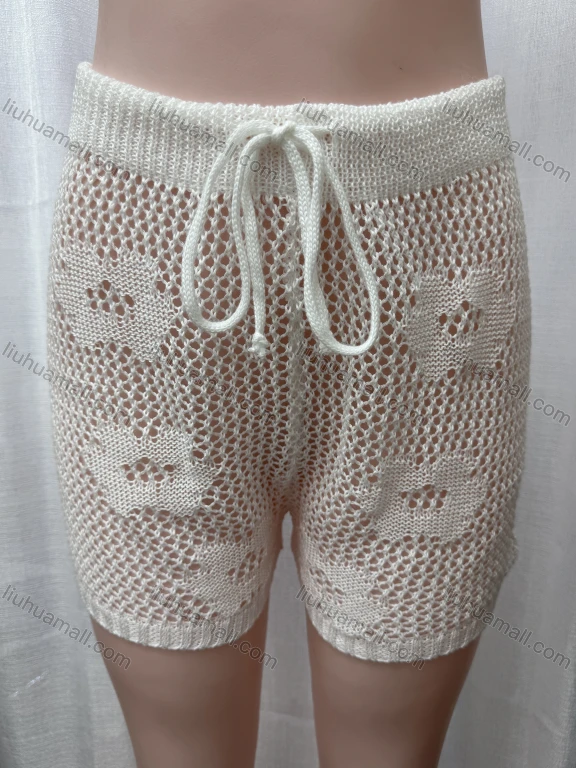 Wholesale Women's Vacation Hollow Out Semi-Sheer Drawstring Plain Floral Design Shorts 80318#