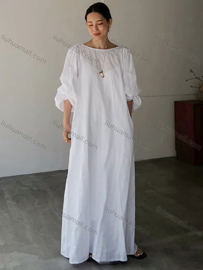 Wholesale Women's Vacation 100%Cotton Plain Crew Neck Ruched Backless Pocket Long Sleeve Maxi Dress & Underdress Set