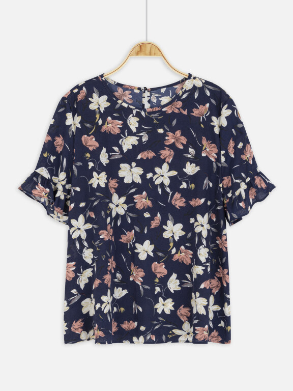 Women's Casual Ruffle Sleeve Floral Keyhole Blouse, Clothing Wholesale Market -LIUHUA, blouses