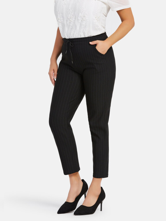 Women's Casual Plus Size High Elastic Striped Print Stright Leg Pants With Drawstring 33102#, Clothing Wholesale Market -LIUHUA, WOMEN, Pants-Trousers