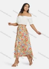 Wholesale Women's Boho Elastic Waist Folkloric Print Pleated Maxi Skirt - Liuhuamall
