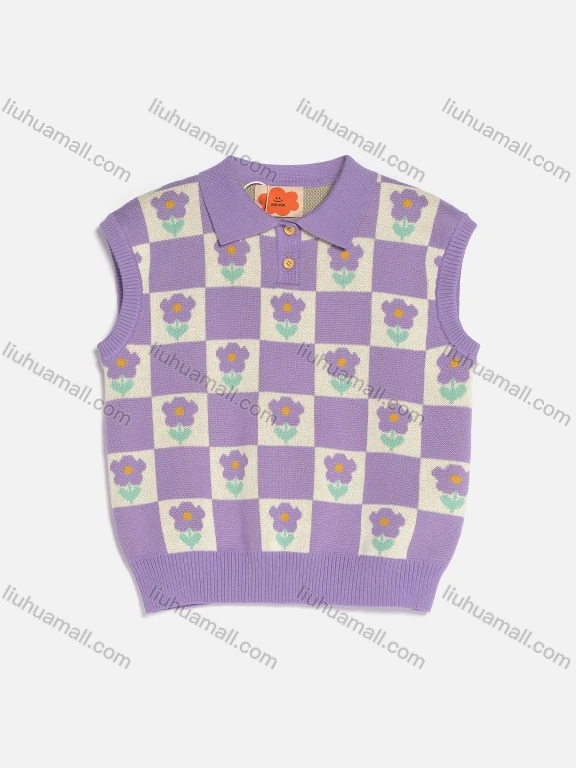 Wholesale Girls' Casual Collared Sleeveless Checkerboard Floral Button Front Sweater MB23AMY705#