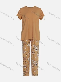 Wholesale Women's Milk Silk Plain Round Neck Short Sleeve Lace Trim Tops & Floral Print Pants 2 Piece Lounge Pajamas Set, LIUHUA CLOTHING WHOLESALE