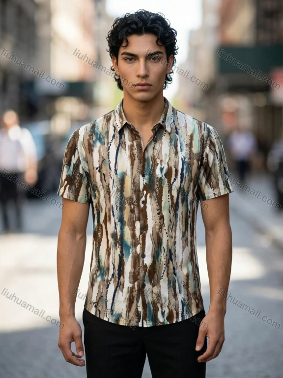 Wholesale 2026 Men's Slim Fit Short Sleeve Printed Shirt - Abstract Watercolor Pattern, Casual Business Style, Wholesale In Stock