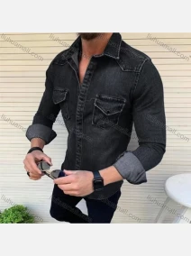 Wholesale Men's Casual Plain Flap Pockets Long Sleeve Denim Shirt, LIUHUA CLOTHING WHOLESALE