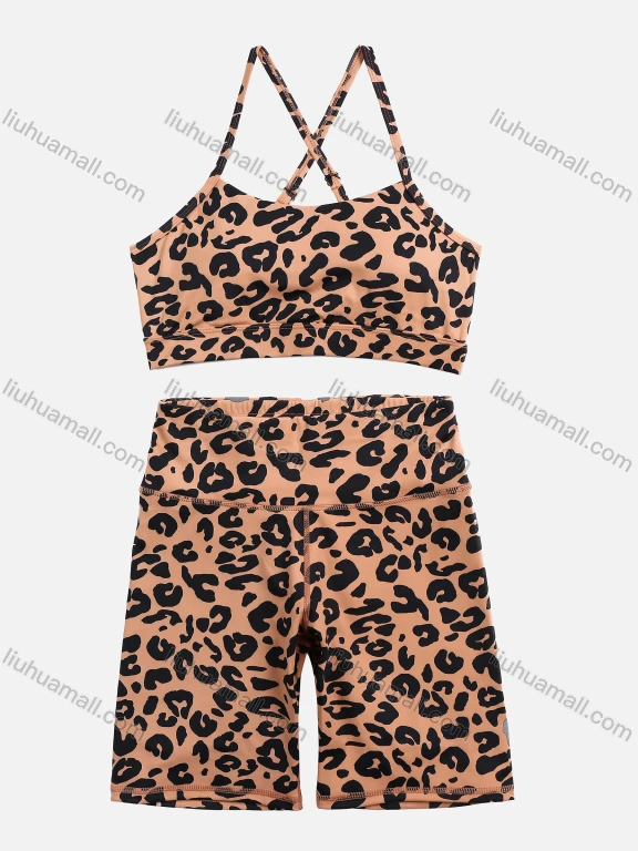 Wholesale Women's Leopard Print Spaghetti Strap Top & High Waist Shorts Set