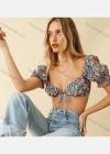 Wholesale Women's Sexy Allover Print Lace Up Low Cut Crop Short Sleeve Blouse - Liuhuamall