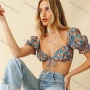 Wholesale Women's Sexy Allover Print Lace Up Low Cut Crop Short Sleeve Blouse preview
