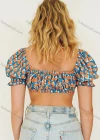 Wholesale Women's Sexy Allover Print Lace Up Low Cut Crop Short Sleeve Blouse - Liuhuamall