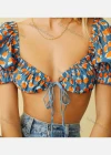 Wholesale Women's Sexy Allover Print Lace Up Low Cut Crop Short Sleeve Blouse - Liuhuamall