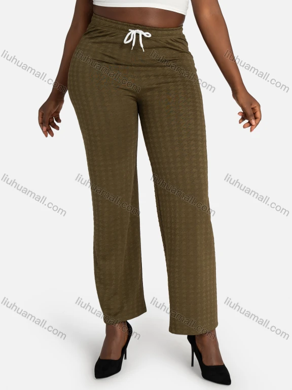 Wholesale Women's Casual Houndstooth Jacquard Plain Drawstring High Waist Wide Leg Pants