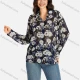 Wholesale Women's Casual Leaves & Floral Print Buttons Down Long Sleeve Shirt Midnight Blue Clothing Wholesale Market Liuhua