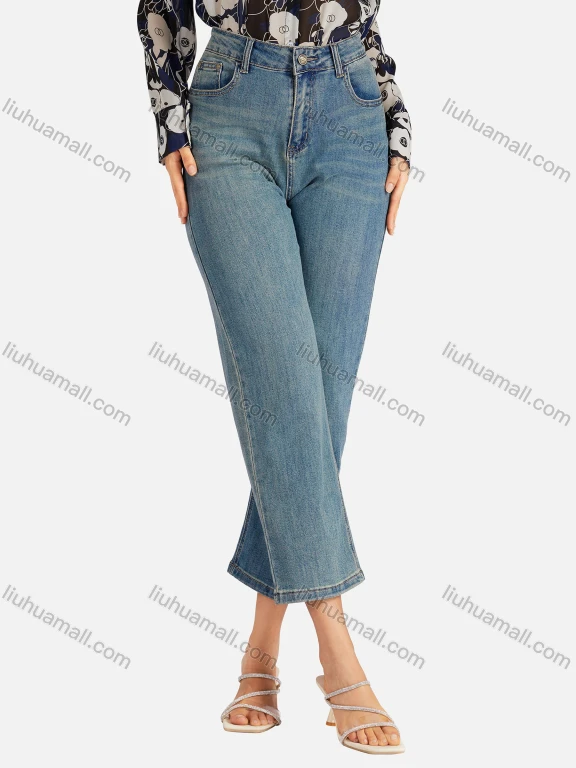 Wholesale Women's Casual Plain High Waist Wide Leg Cropped Jean